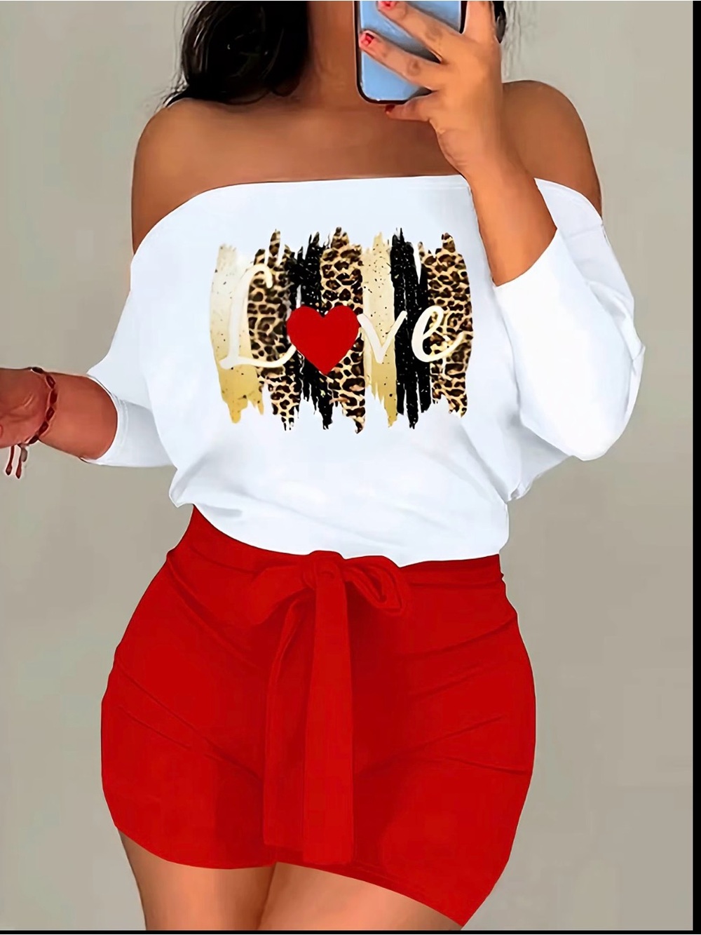 Off-Shoulder White 'Love' Graphic Top with Leopard Accent